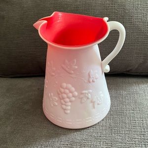 White Satin Glass Pitcher Red Cased Kanawha Vintage 1960s Grape Pattern